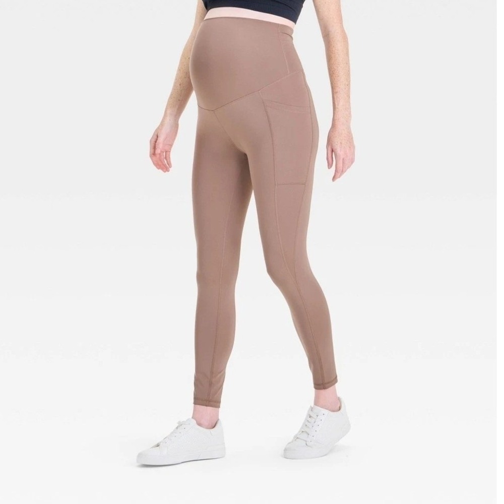 Isabel Maternity Performance Pocket Leggings Full Panel Taupe Brown Large NWT